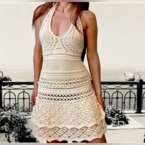Vtg Moda International Cream Crochet Halter Mini Dress Sz Med